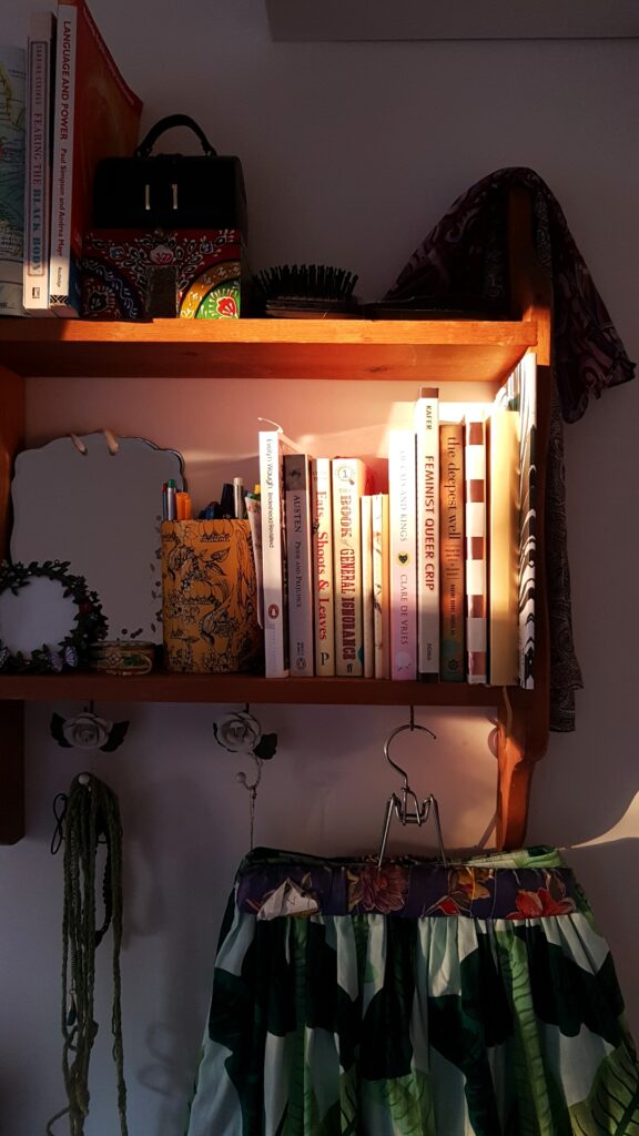 A photograph of a hanging shelf filled with books and lit by evening sun. 