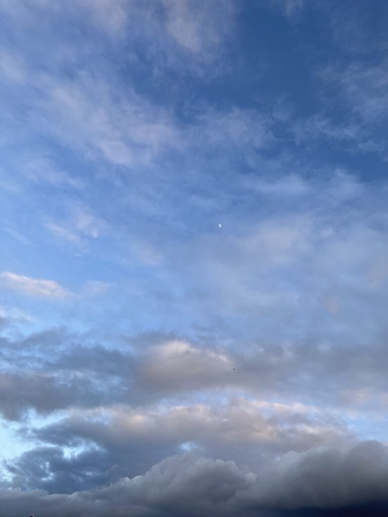 Blue sky with the moon just visible above fluffy greying clouds.